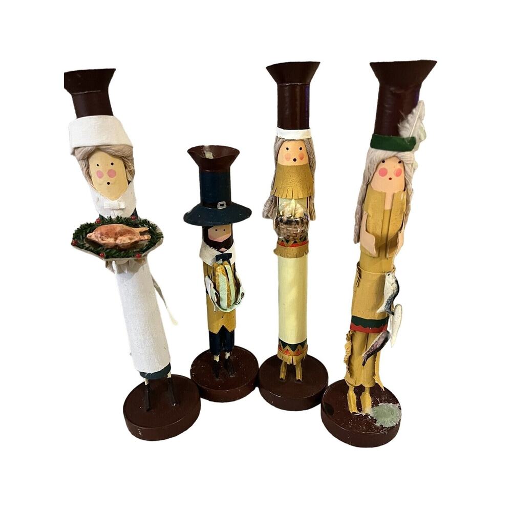 Set Of 4 Celebrations Thanksgiving Native American/Pilgrim Candle Holders